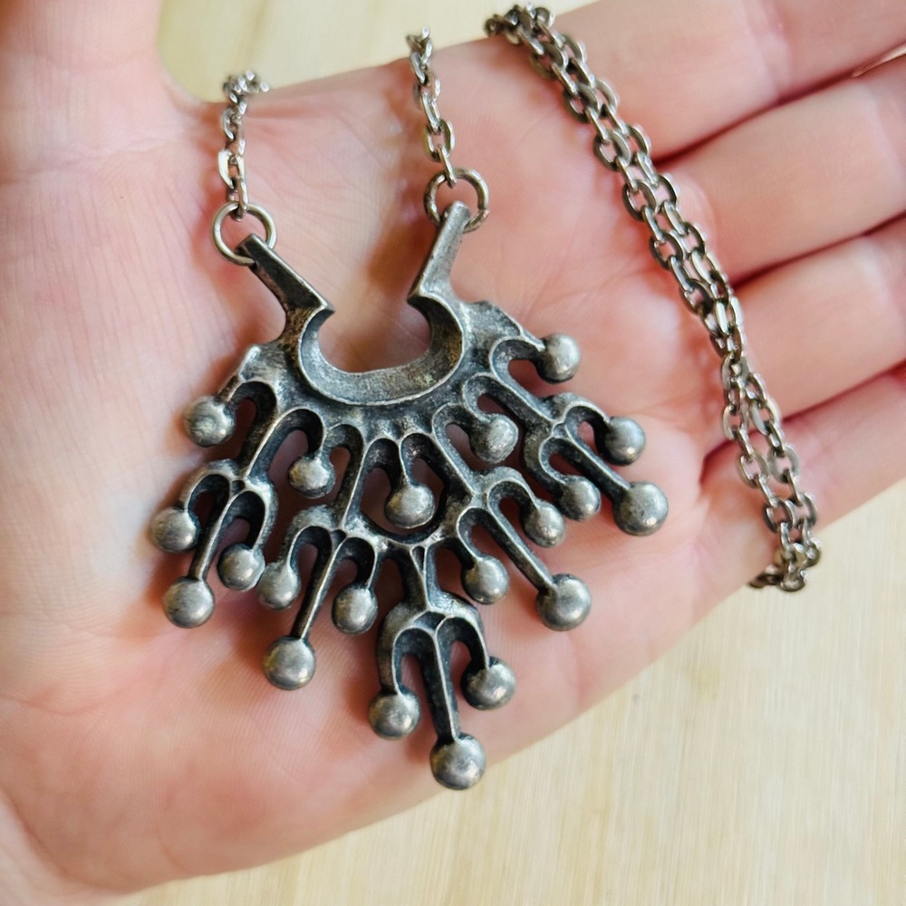 Tinn Per Norway Brutalist Necklace Scandinavian Modernist VTG Pewter Silver 22"